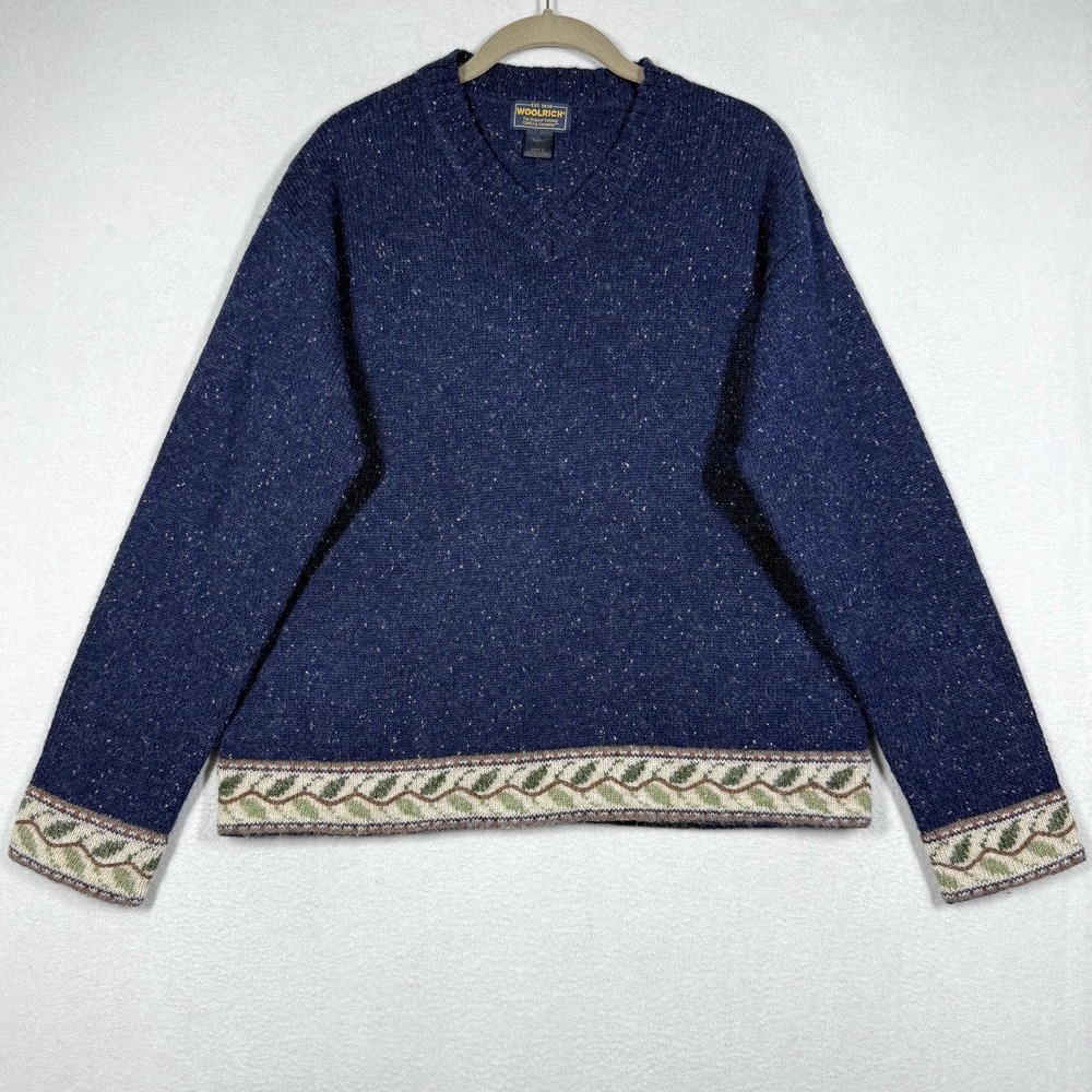 Vintage Woolrich Sweater Womens Large Wool Speckled Knit Leaf Trim 90s Country